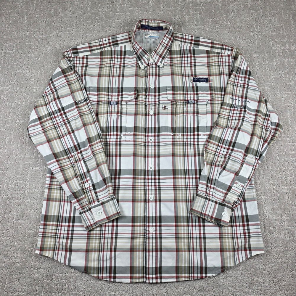 Columbia PFG Super Bahama Fishing Shirt Mens Medium Brown Plaid Long Sleeve Vent